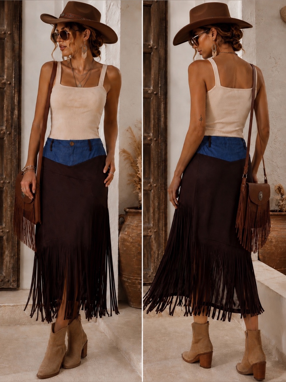 Women's Brown Fringe Maxi Skirt with Blue Waistband